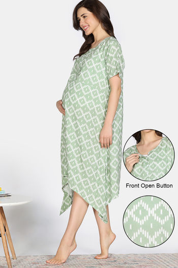 Buy Coucou Maternity Woven Mid Calf Length Loungewear Dress With Front Open Button - Crocodile Green